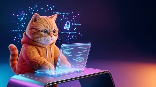 Cute smart ginger cat wearing glasses typing on a glowing laptop with digital security elements for futuristic cyber technology concept