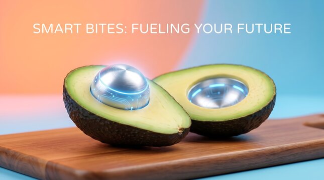 Futuristic avocado with glowing metallic cybernetic core on wooden cutting board, biotechnology concept