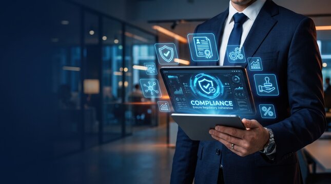 Business executive holding tablet with compliance dashboard, regulatory adherence icons, corporate governance, legal security shield symbol, digital interface for risk management