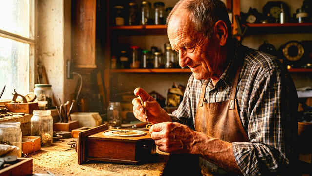 Elderly craftsman working on a wooden project in a workshop