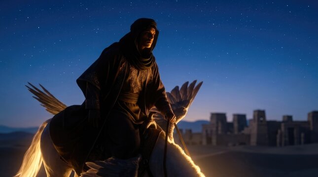 Islamic Night Journey: holy Isra, sacred Mi'raj, winged steed, celestial ascension, starry sky, desert ruin, mystic traveler, divine ride, golden light, spiritual path.