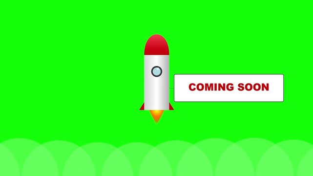 Dynamic illustration of a rocket launching with 'Coming Soon' banner, signaling an exciting new project, digital product release, or future business expansion and online platform growth