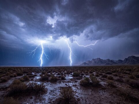 Multiple lightning bolts strike a desert landscape at night in simultaneous flash &mdash; desert storm as extreme cinematic power. Ideal for dramatic editorial, power brands, and landscape content.