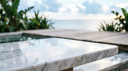 Fototapeta premium Marble Table Top with Ocean View for Luxury Design