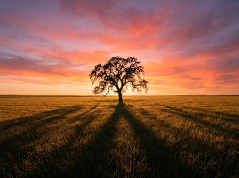A lone oak silhouettes against a vivid orange sunset in a flat golden field &mdash; landscape minimalism as cinematic fine art. Ideal for travel, lifestyle, presentations, and landscape editorial.