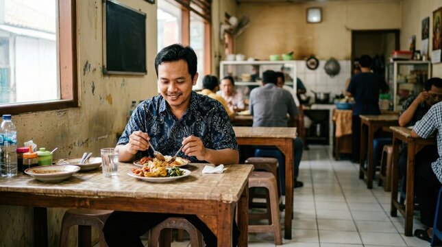 Indonesian man in his 30s wearing a blue batik shirt eating a traditional lunch of rice and various side dishes at a wooden table inside a local modest eatery or warung in Indonesia.