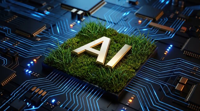 Gold a i letters resting on a patch of green grass centered on a dark blue computer circuit board with glowing light lines and integrated electronic components and microchip processors