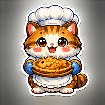 Cute Chibi Cat Chef Holding a Delicious Pie Cartoon Character