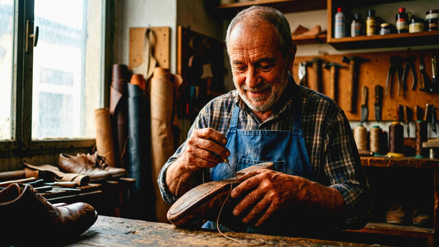 Senior artisan shoemaker working in a traditional leather workshop