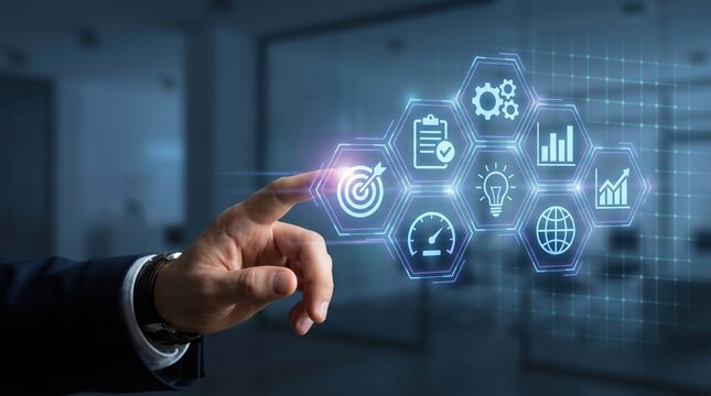 Hand touching digital interface with business and technology