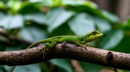 Fototapeta premium A vibrant green lizard perched on a tree branch surrounded by lush foliage in natural daylight