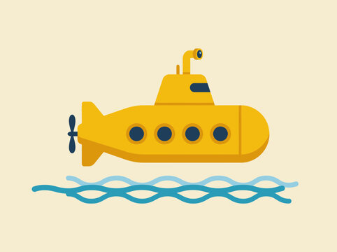 Flat Illustration of a Yellow Submarine Floating on Blue Waves.
