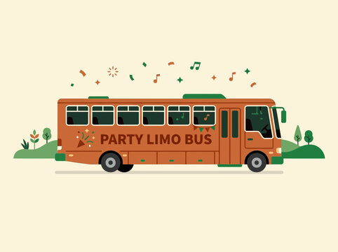 Flat Illustration of an Orange Party Limo Bus with Musical Notes.