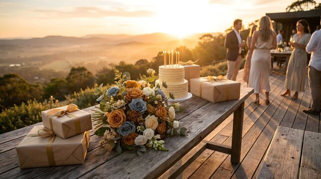 Beautiful Sunset Birthday Celebration Featuring A Decorated Cake With Gifts And Flowers On A Wooden Outdoor Table Overlooking A Scenic Valley