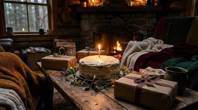 Cozy birthday dessert table featuring a frosted cake with a single glowing candle in a rustic wooden cabin interior