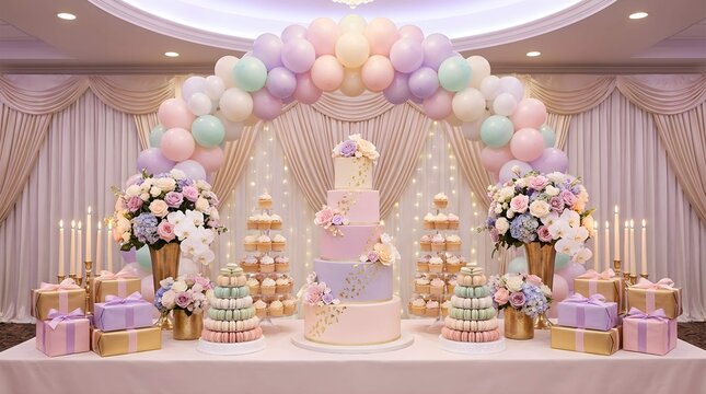 Elegant Pastel Birthday Party Dessert Table with Multi-Tier Cake, Balloon Arch, Gifts, and Macaron Towers