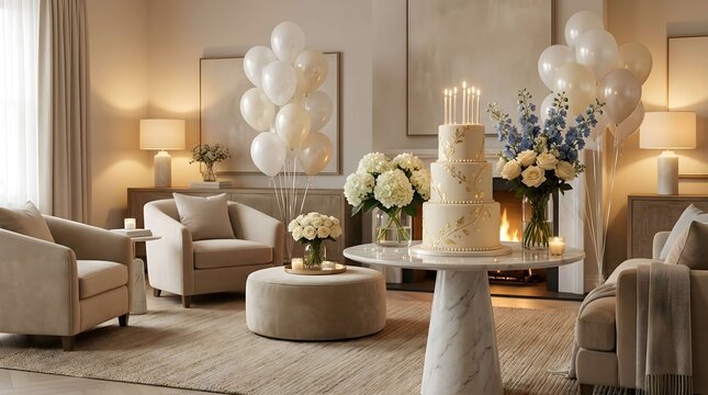 Luxurious living room decorated for anniversary with elegant cake and balloons