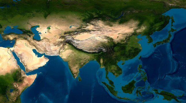 Stunning overhead perspective of the Asian continent, rendered as a detailed relief map, emphasizing its varied natural geography including prominent mountain ranges, vast plains, and surrounding seas