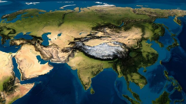 Detailed Physical Relief Map of the Asian Continent Highlighting Mountain Ranges and Geographic Topography