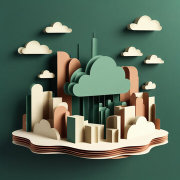 3D paper art style cityscape with clouds and buildings in earth tones
