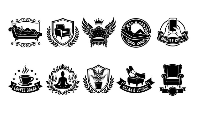 Badges and Icons Set for Relaxation and Leisure Activities in Vintage Style Vector Design Featuring Symbols