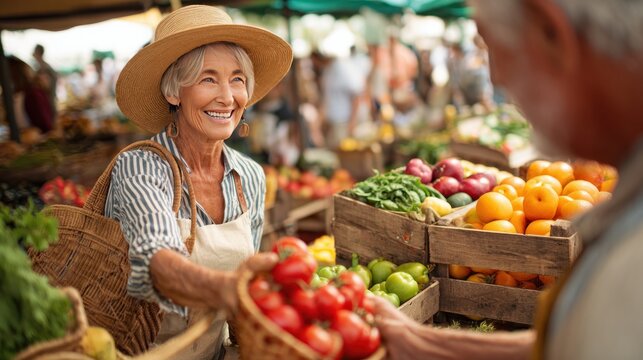 Woman smiling buying produce at market