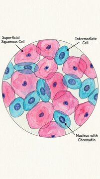 Medical illustration of cervical cytology showing superficial squamous and intermediate cells in pap smear test