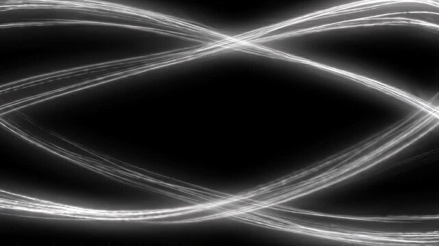 Glowing white light streaks moving in a dark background. Abstract digital wave patterns showing motion energy. Dynamic fiber optic flow for futuristic tech concept.