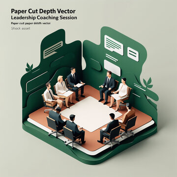 Isometric illustration of a business meeting with professionals seated around a square table in a modern office setting