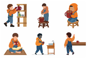 Fototapeta premium Little boy in orange hoodie and denim overalls daily activities vector illustration set, drinking hot cocoa, reading a book, and reaching for things on a shelf