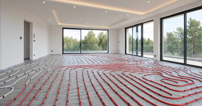 Radiant underfloor heating system in a modern home , floor heating, warmth, comfort
