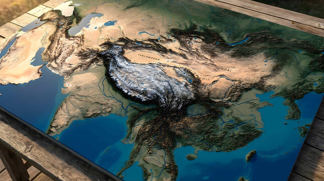 Exquisite 3D relief map showcasing the complex geography and majestic topography of the Asian continent, ideal for educational exploration of its varied landscapes