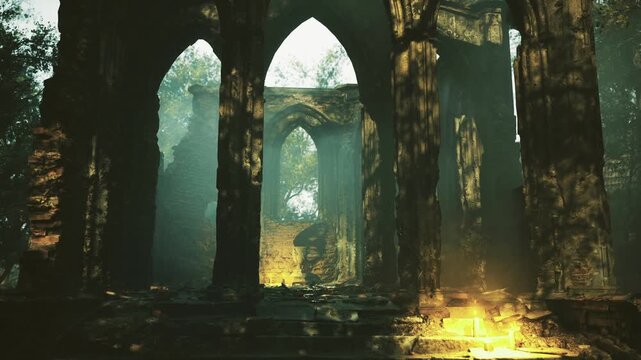 Sunlight filters through the ancient stone arches, revealing the beauty of weathered ruins nestled in a vibrant forest. Shadows dance as nature reclaims this forgotten place.