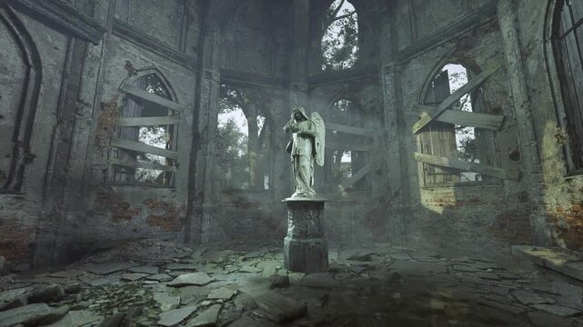 Dust fills the air in the dilapidated chapel where sunlight breaks through broken windows. A solitary statue stands in silent vigil, surrounded by crumbling stone and nature reclaiming the space.