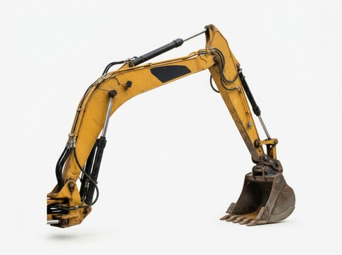 Yellow excavator arm with bucket isolated on white background