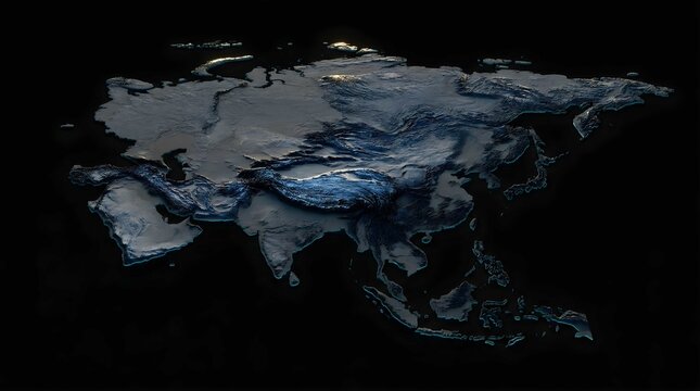 Stunning digital map of Eurasia's topography, highlighting majestic mountain ranges and detailed continental relief with an illuminating glow against a dark background
