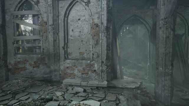 Cracked stone walls and broken arches tell the story of a once majestic building. Sunlight filters through the shattered windows, casting eerie shadows across the cold, damp floor.