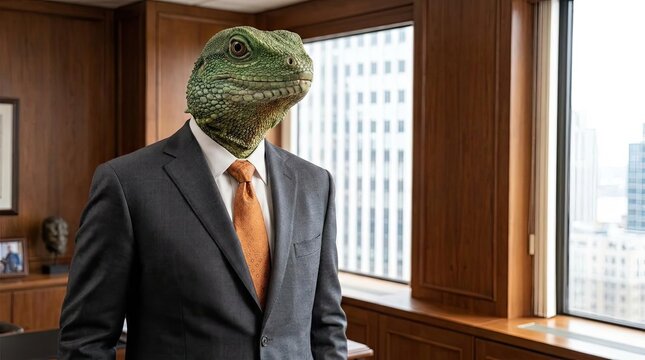 Businessman with lizard head in professional office setting