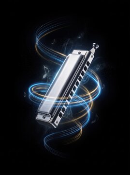 Silver chromatic harmonica surrounded by spiraling light trails and musical notes on dark background