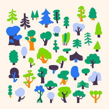Simple Layered Vector Tree Landscape Repeat Pattern Illustration Green Orange Blue Cream