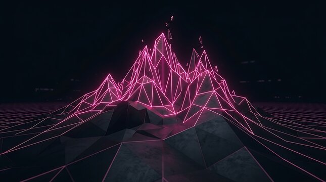 Futuristic cyberpunk neon mountains with glowing pink wireframe. Ideal for sci-fi and synthwave concept designs.