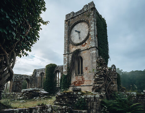 Abandoned Medieval Clock Tower Ruins Overgrown with Ivy and Ancient Trees