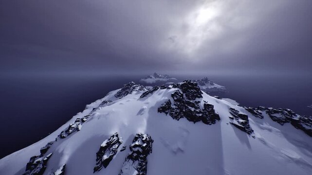 snow ridge under brooding sky with scattered outcrops, imagery suited for climate research narrative and environmental impact storytelling with datadriven