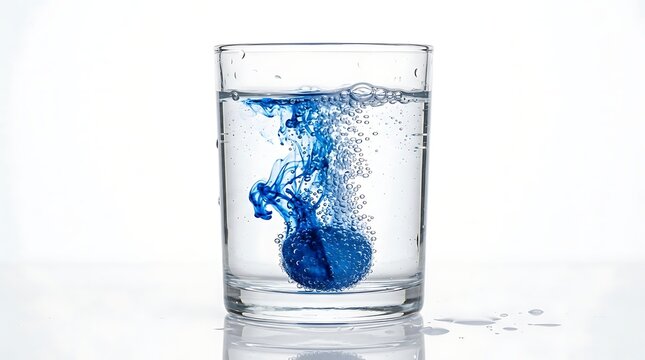 A blue effervescent tablet dissolving in a glass of water isolated on transparent background for chemistry experiments.