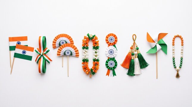Indian Independence Day decorations, Republic Day celebration items, patriotic tricolor flags and festive garlands, cultural festival accessories for national events