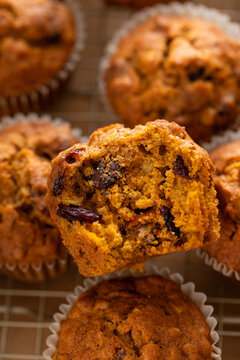 Pumpkin muffins with pecans and dried cranberries on a cooling rack