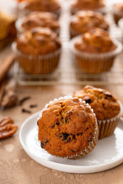 Pumpkin muffins with pecans and dried cranberries on a plate