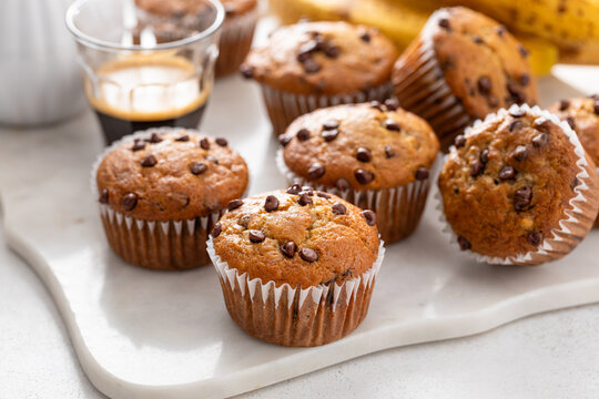 Banana chocolate chip muffins freshly baked and ready to eat