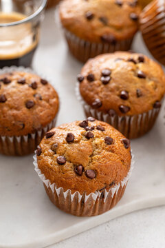 Banana chocolate chip muffins freshly baked and ready to eat