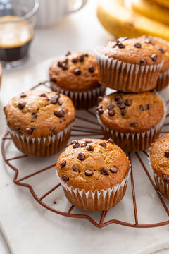 Banana chocolate chip muffins freshly baked and ready to eat